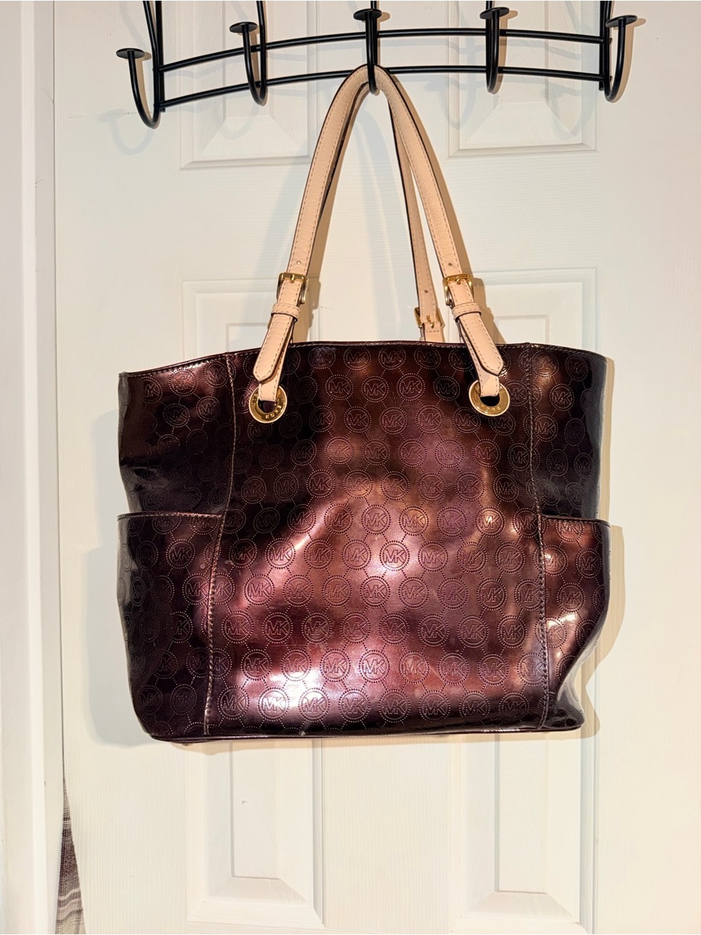 Michael Kors Metallic Plum MK Logo Tote with Beige Straps